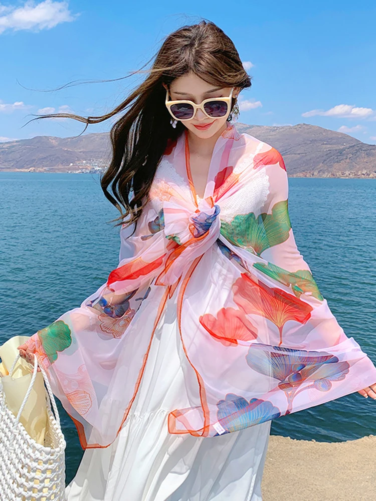 Summer Chiffon Hijab Women Bikini Cover Up Silk Scarf Print Mujer Shawl Bandana Sarong Beach Wrap Scarve Pareo Bufanda Stoles