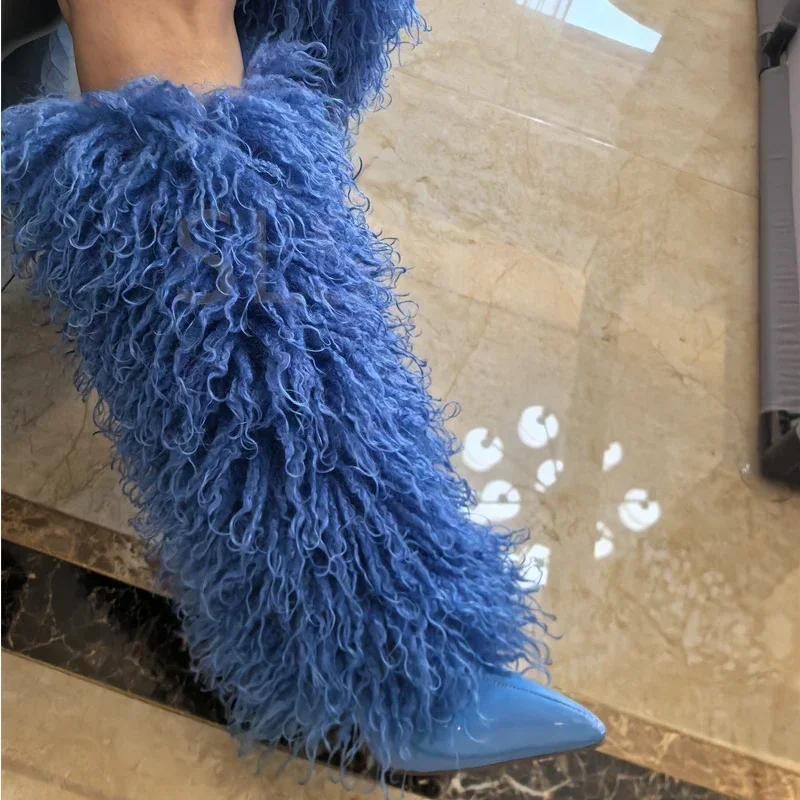 Fashion Candy Colored Plush Knee High Boots Sexy Orange Purple Winter Pointed High-heel Boots 35-43 Magazine Model Women's Shoes image 6