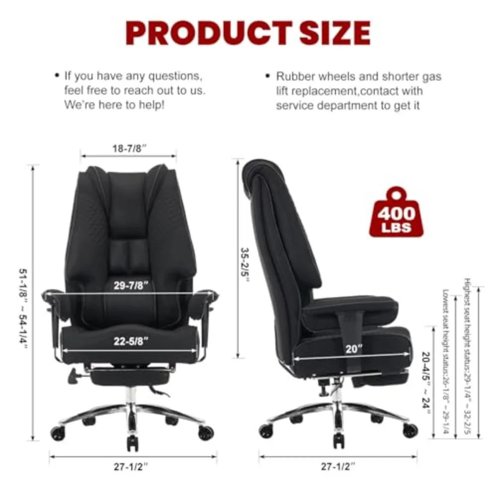 Big and Tall Office Chair 400lbs Wide Seat, Leather High Back Executive Office Chair with Lumbar Support, Ergonomic