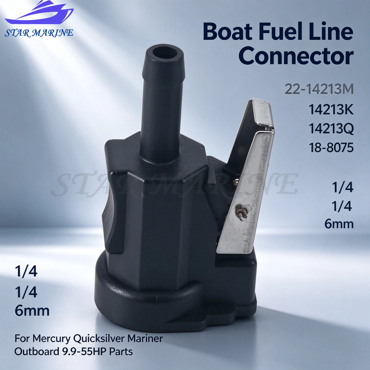 Boat Fuel Line Connector 22-14213M 14213K 14213Q 18-8075, 1/4" 6mm For Mercury Quicksilver Mariner Outboard 9.9-55HP Parts