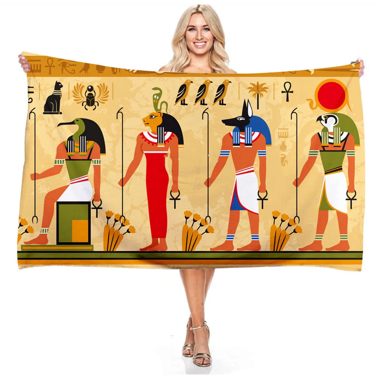 Modern Retro Colorful Egyptian Mural Digital Printing Rectangular Beach Towel Bathroom Fast Dry Absorbent Microfiber Towel Women