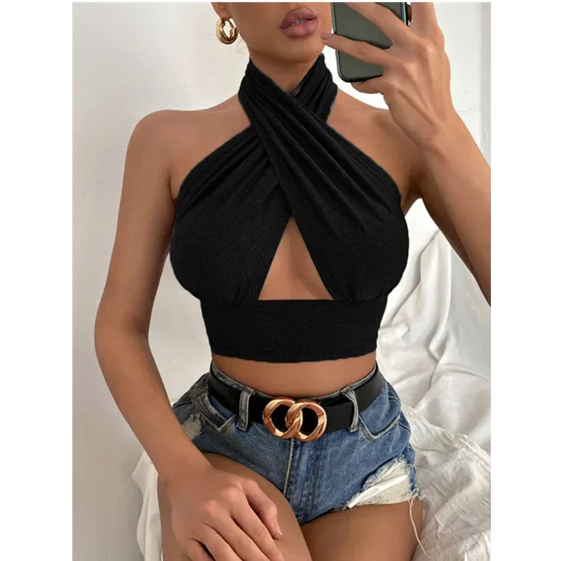 

Women Summer Tank Tops Solid Cross Halter Camis Backless Crop Tops Female Camisole Cropped Top Slim Sleeveless Streetwear