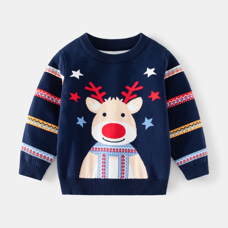 

European and American Style Christmas Deer Pullover Sweater Spring and Autumn Winter Colorful Striped Sleeve Knitted Sweater