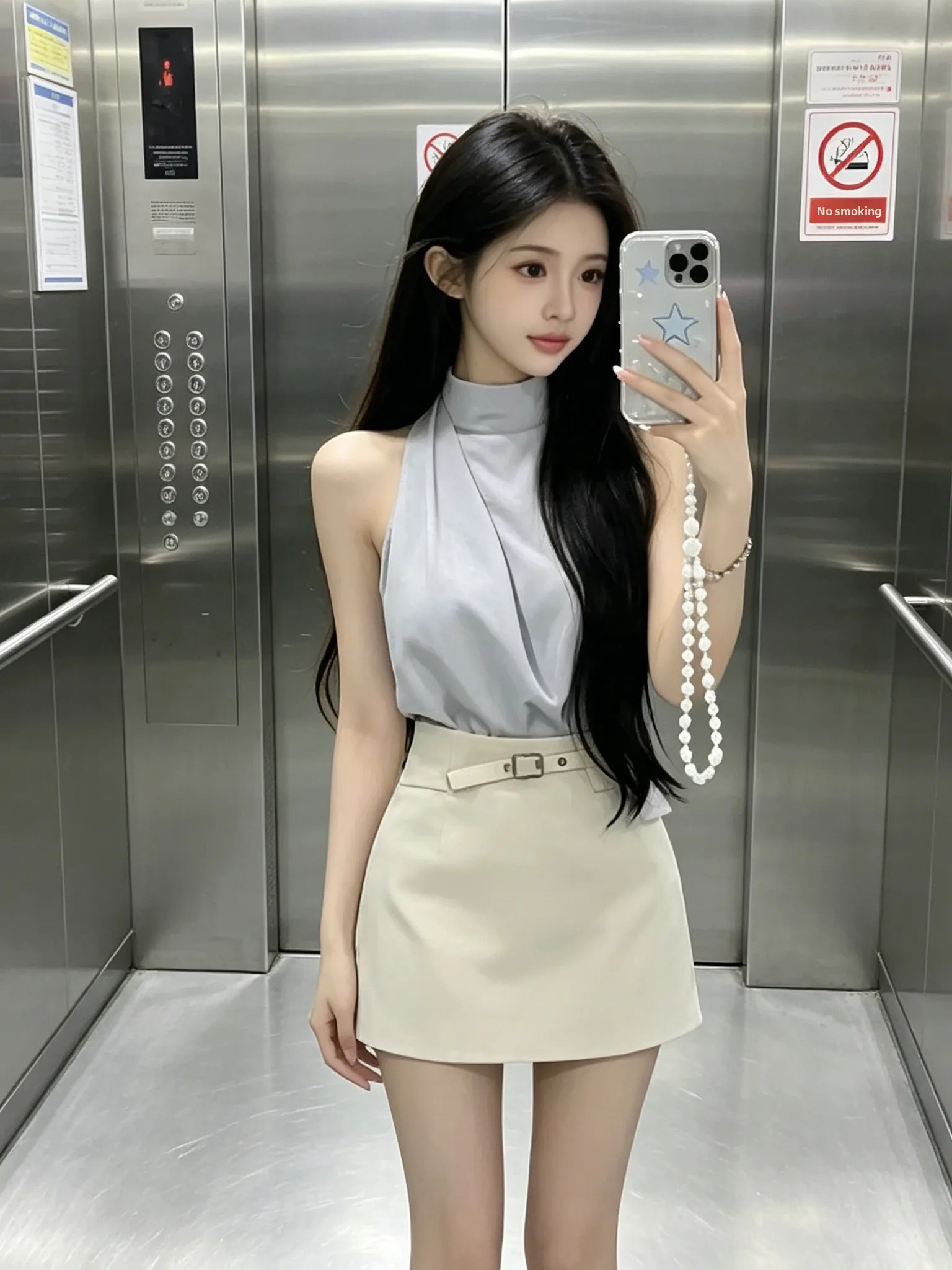 

Elegant Satin Sleeveless Top High Waist Skirt Two Piece Set Women's Fashionable Summer Outfit High Quality Neck Hanging