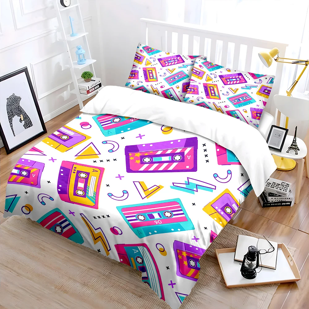 Colorful cassettes with geometric doodles Pattern Duvet Cover Set Digital Print Colorful Polyester Bedding with Zipper Closur