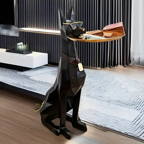 Resin Doberman Dog Statue Luxury Interior Side Table Puppy Sculpture Charming Doberman Pinscher Figurine Tray Home Decoration