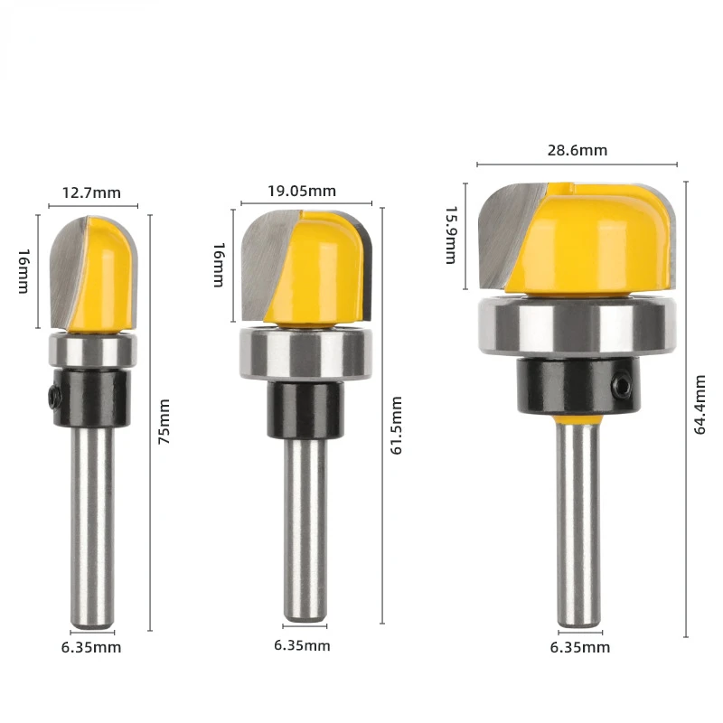 1pcs/3pcs 6mm 8mm Shank 1-1/8 3/4 1/2 Diameter Bowl Tray Router Bit Round Nose Milling Cutter with Bearing for Woodworking