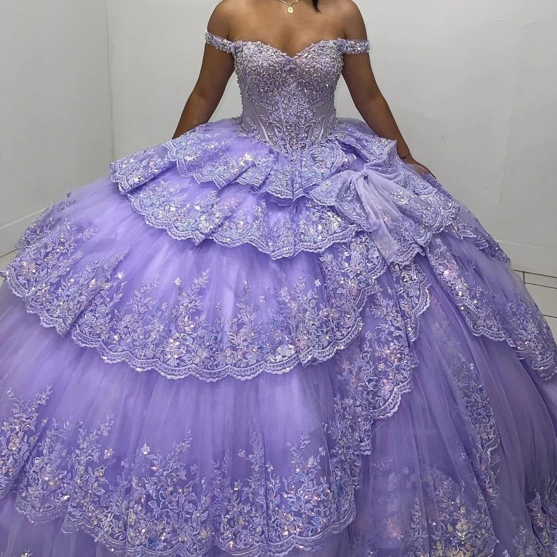 

Lavender Off-Shoulder Shiny Ball Gown Quinceanera Dresses 2024 Classic Applique Lace Beads Crystal Sweet 16 Dress Vestidos De 15