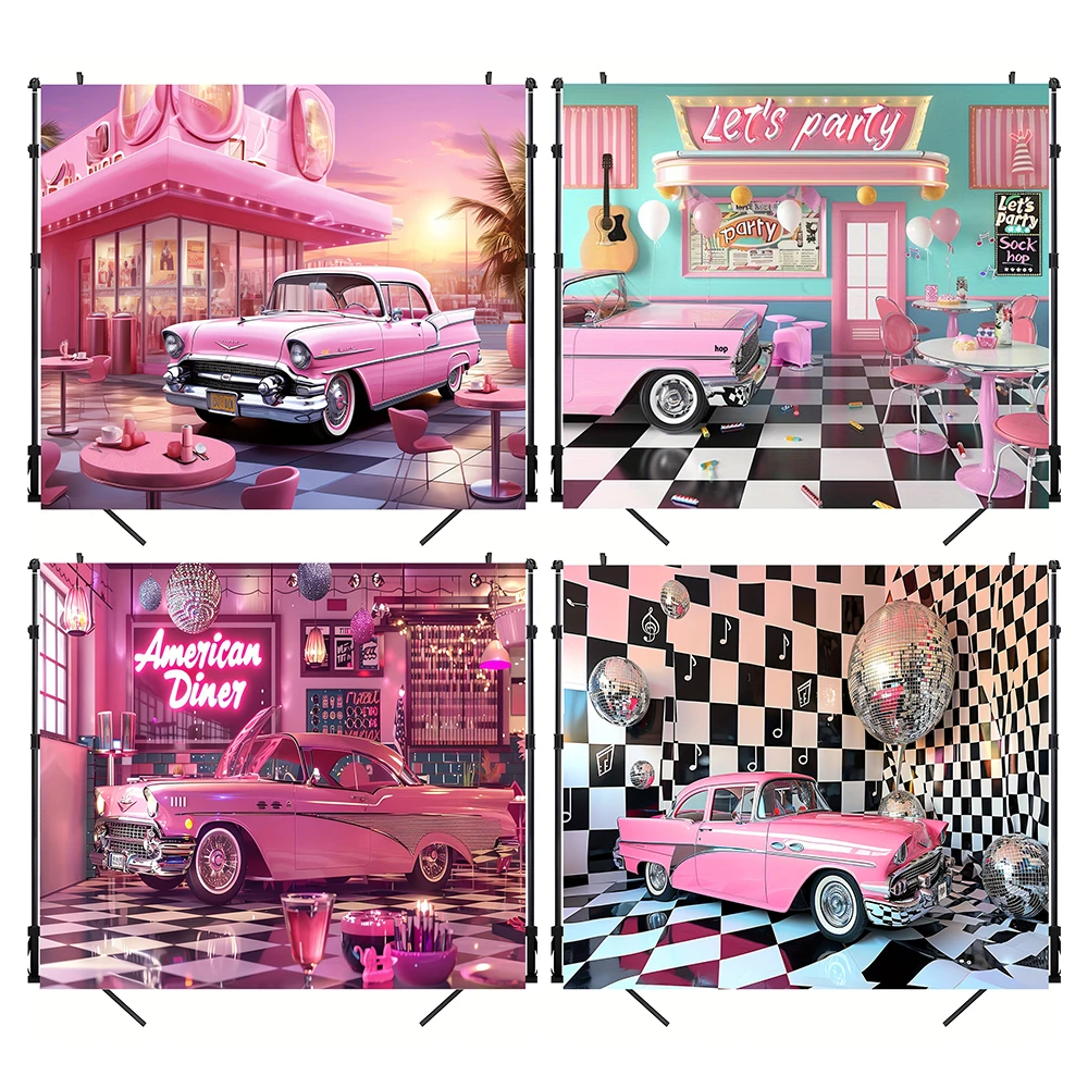 Retro Restaurant Party Backdrop Hot Pink Rock Disco Car Photography Background Girls Birthday Party Decor Banner Photo Studio