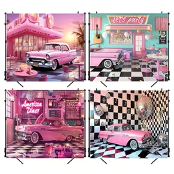 Retro Restaurant Party Backdrop Hot Pink Rock Disco Car Photography Background Girls Birthday Party Decor Banner Photo Studio