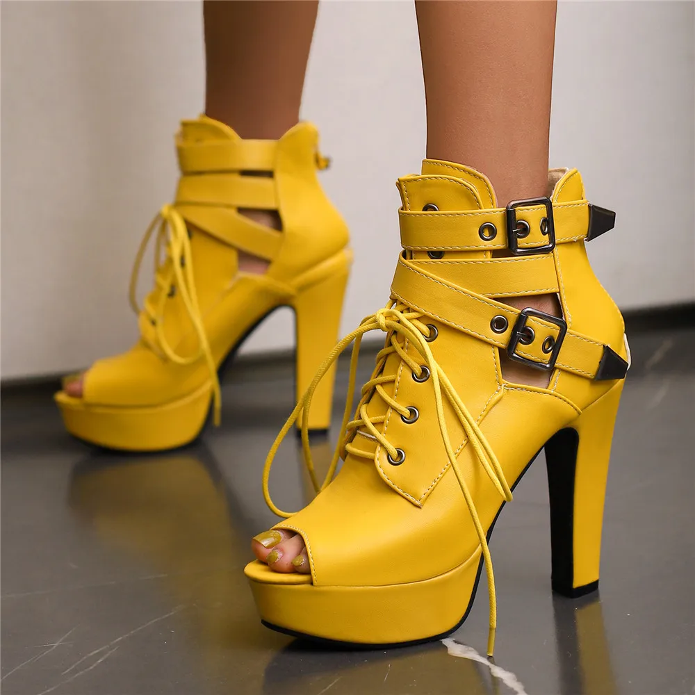 Red Yellow White Women Peep Toe Ankle Boots Platform Lace Up High Heels Female Buckle Autumn Winter Sexy Men Shoes Large Size