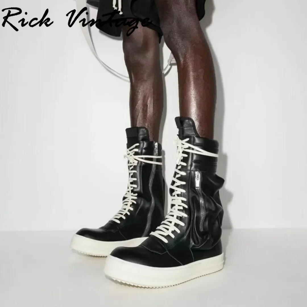 Rick Vintage Men's Motorcycle BootsคุณภาพหนังHigh Street Casualรองเท้าหนารอบToe Lace-Upลูกวัวรองเท้าUnisex