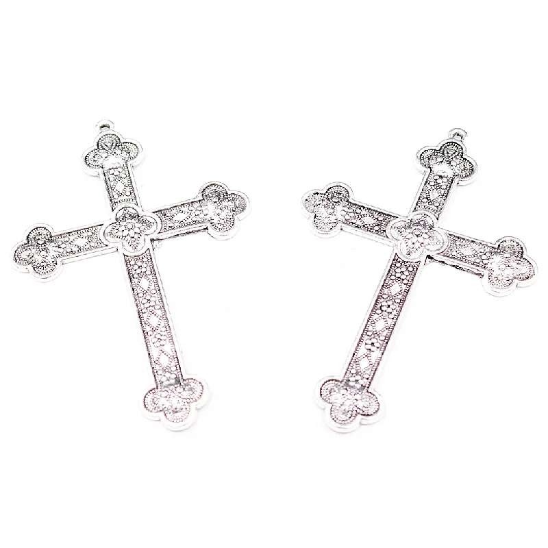 4pcs Silver Plated Large Christian Flower Cross Vintage Necklace Metal Accessories DIY Charm Jewelry Crafts Making 80*54mm P1889