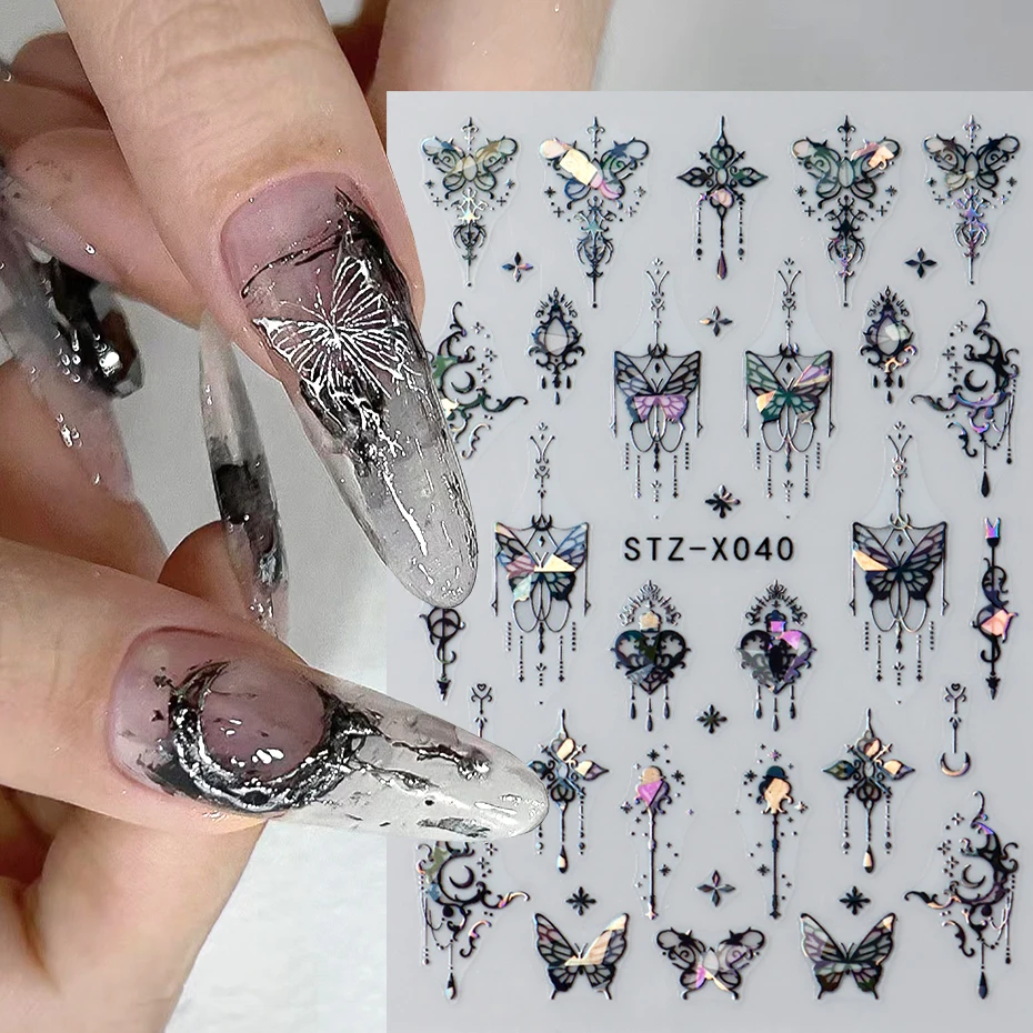 Black White Butterfly Laser Nail Stickers Y2K Nail Art Decoration Abstract Metal Lines Bronzing Lace Flowers Stickers For Nails image 2