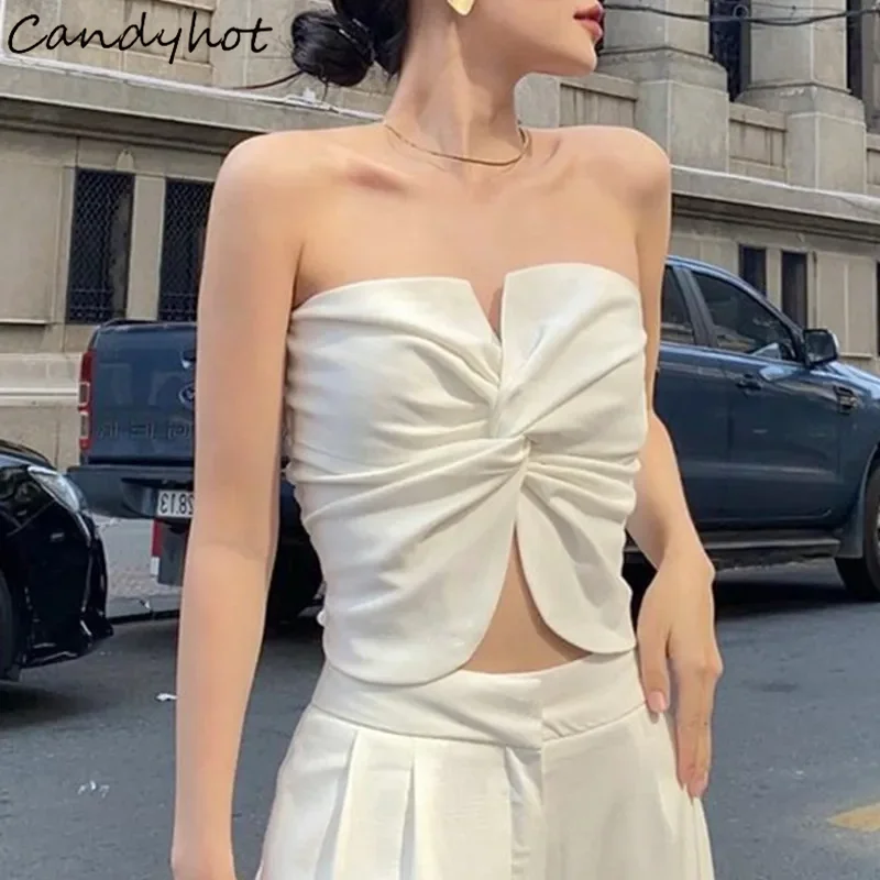 Candyhot Y2K Sexy Backless Off Shoulder Women White Strapless Corset Tank Tops Twist Knot Tube Top Summer Casual Srteetwear Vest