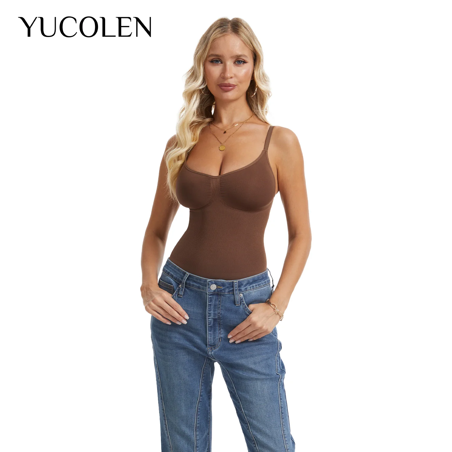 YUCOLEN Women U-Neck Thong Shapewear Bodysuit Seamless Ribbed Adjustable Strap Snap Crotch Tummy Control Basic Layering Bodysuit