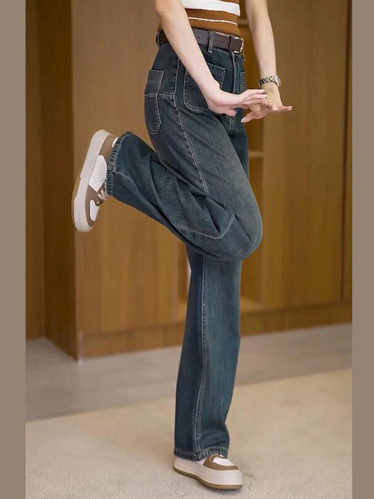 Pantalones Vaqueros Retro de Mezclilla, Cintura Alta, Pierna Recta, Largos hasta el Suelo, Casuales, a la Moda, para Mujer, Diseño Nuevo de Otoño, con Cinturón