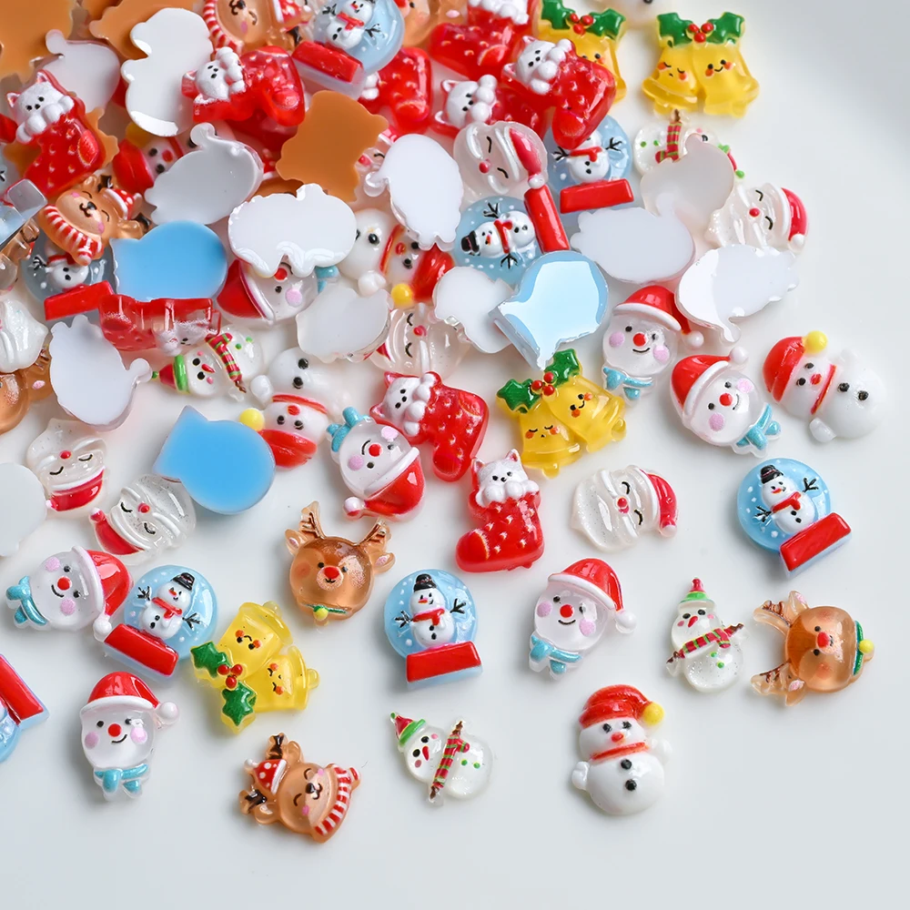 50pcs/bag 3D Resin Christmas Nail Charms Cute Snowman Elk Santa Claus Nail Art Rhinestones Xmas Winter Nails Jewelry Decorations