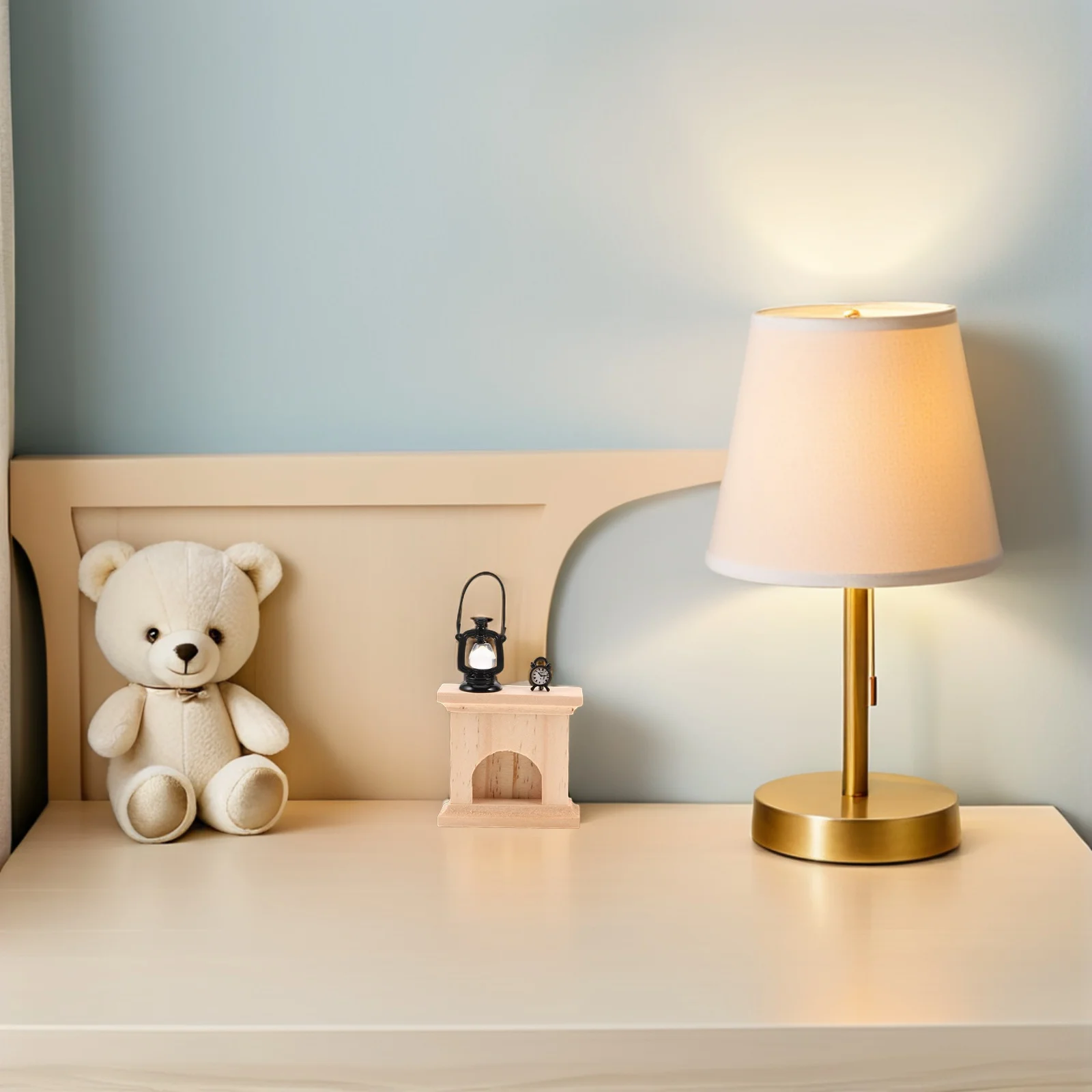 2set Miniature Wooden Fireplace Set With Vintage Lamp Clock Dollhouse Christmas Decor For Micro World Pretend Play