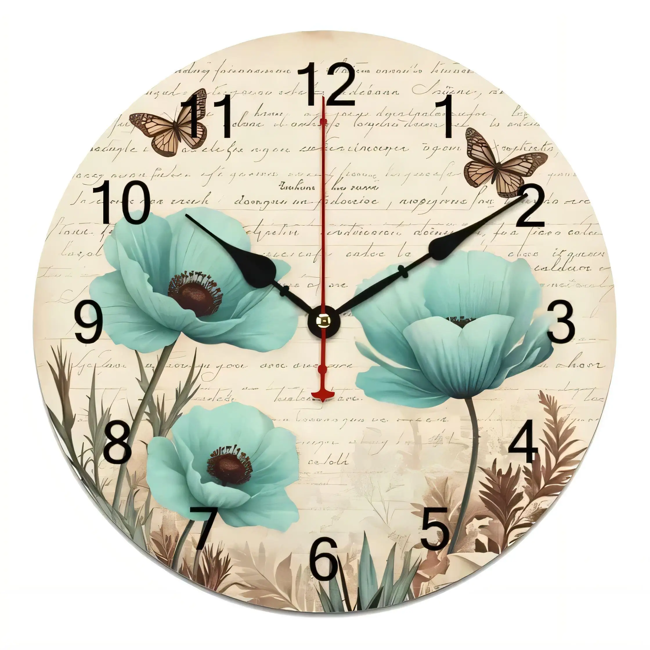 Vintage Round  Wall Clock with Blue Anemone Flowers Butterflies Silent Non Ticking Battery Operated Home Decor