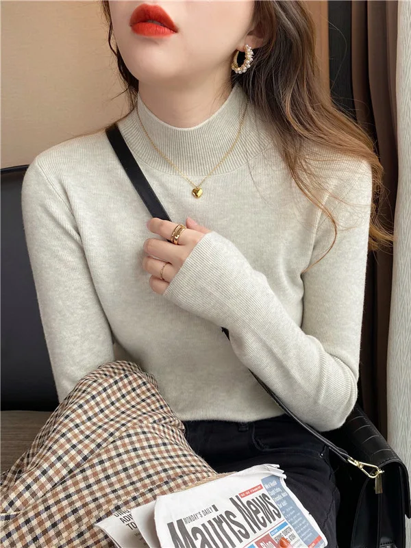 

Женский вязаный базовый свитер средней длины и высоким воротником, внутренний свитер, осенне-зимний топ, длинный свек из полиэфирного волокна