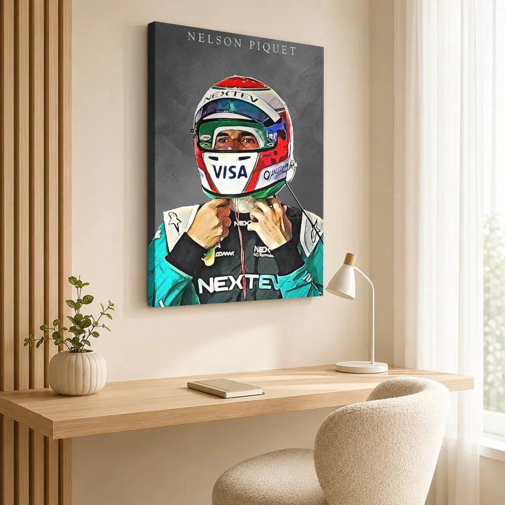 Nelson Piquet Wearing Racing Helmet Framed Canvas Poster Customized Photo Soft Studio Lighting Wall Art For Motorsport Lounge