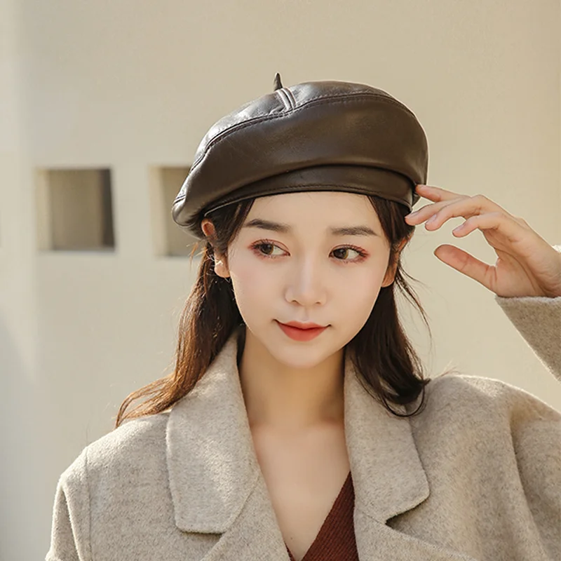 2023 Spring/Winter 100% Real Leather Beret Hat Women Fashion European Pumpkin Painter Caps Female Rainbow Color Brown/Orange