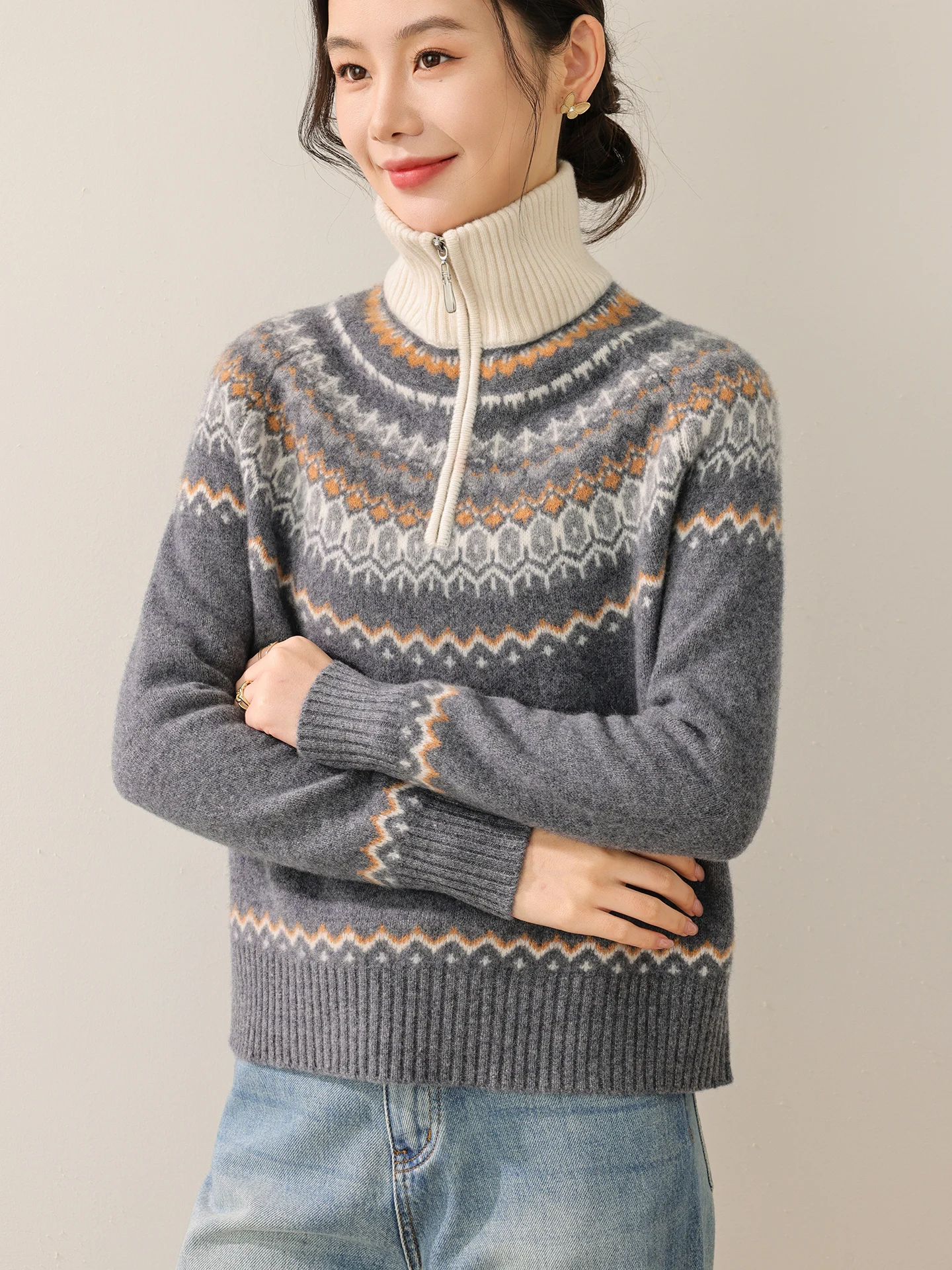 Women 100% Merino Wool Thickening Pullover High Neck Color Blocking Jacquard Long Sleeve Knitted Pullover Autumn Winter Base Top - Detail 1