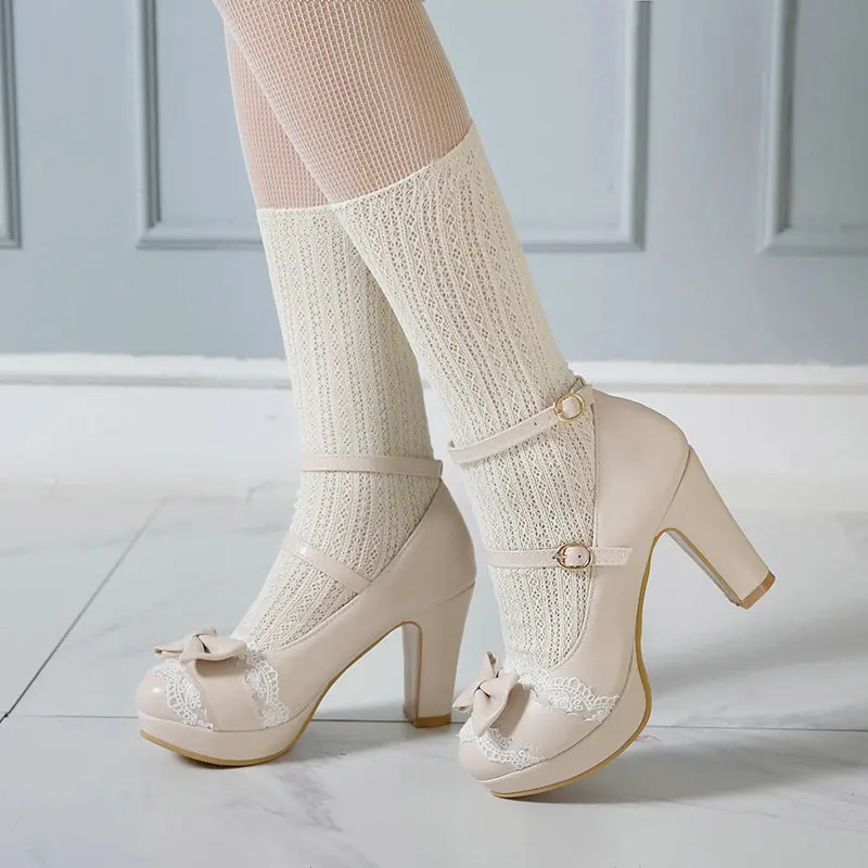 Sweet Bowknot Women's Shoes Comfort Buckle Thick High Heels Round Toe Girls Lolita Mary Jane Shoes Woman Party Wedding Shoe34-43