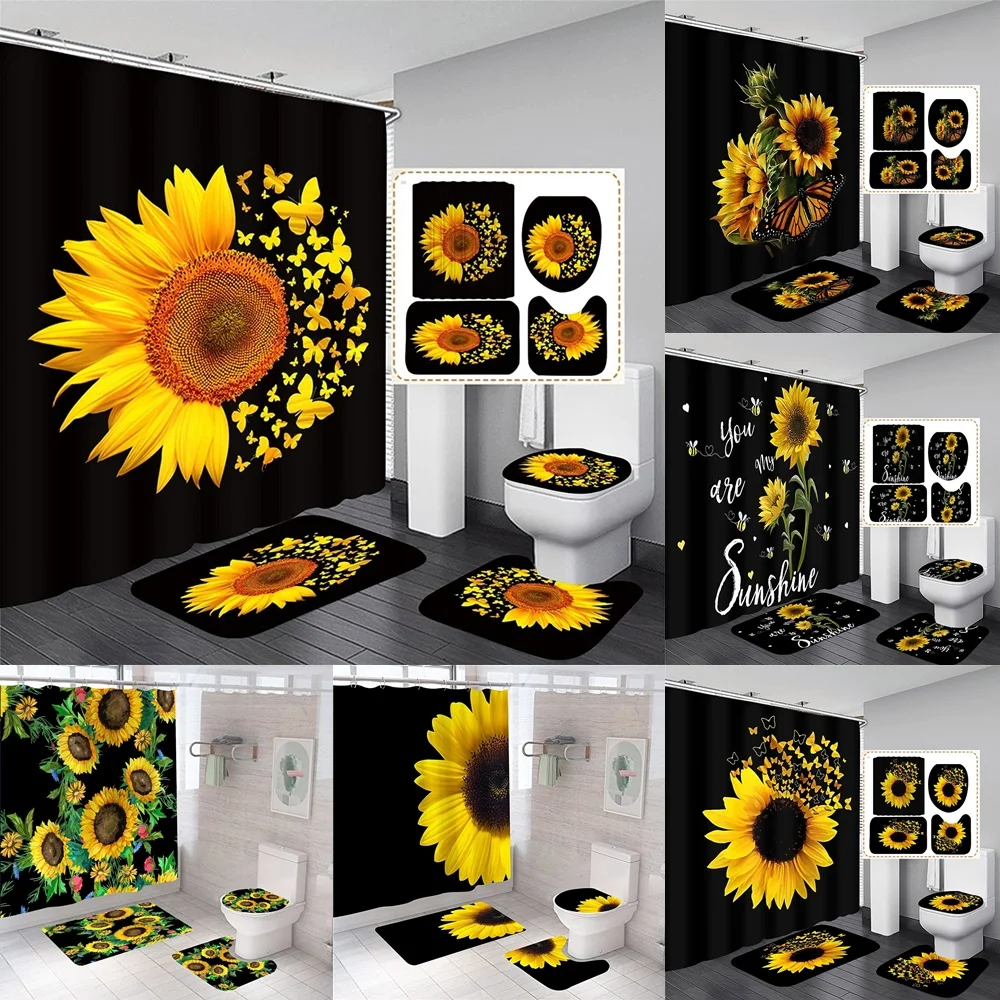 

Magic Sunflower Butterfly Shower Curtain Sets, Black, Yellow Art, Country Flower, Bathroom Decor, Bath Mats, Rug Toilet Cover