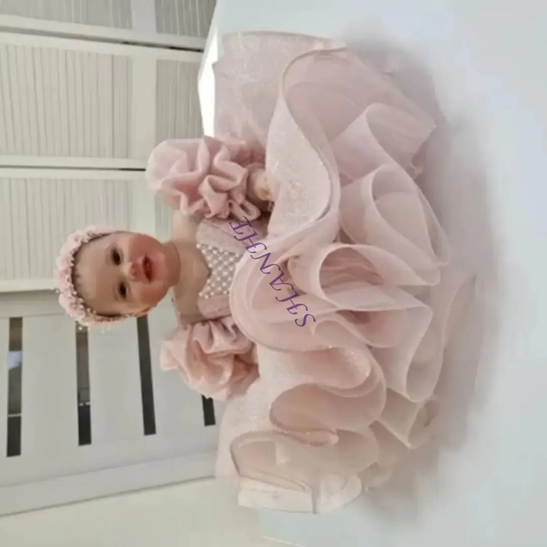 Abiti da ragazza di fiore rosa personalizzati per perle da sposa maniche corte con fiocco gonfio abito da prima comunione per festa di compleanno per bambini