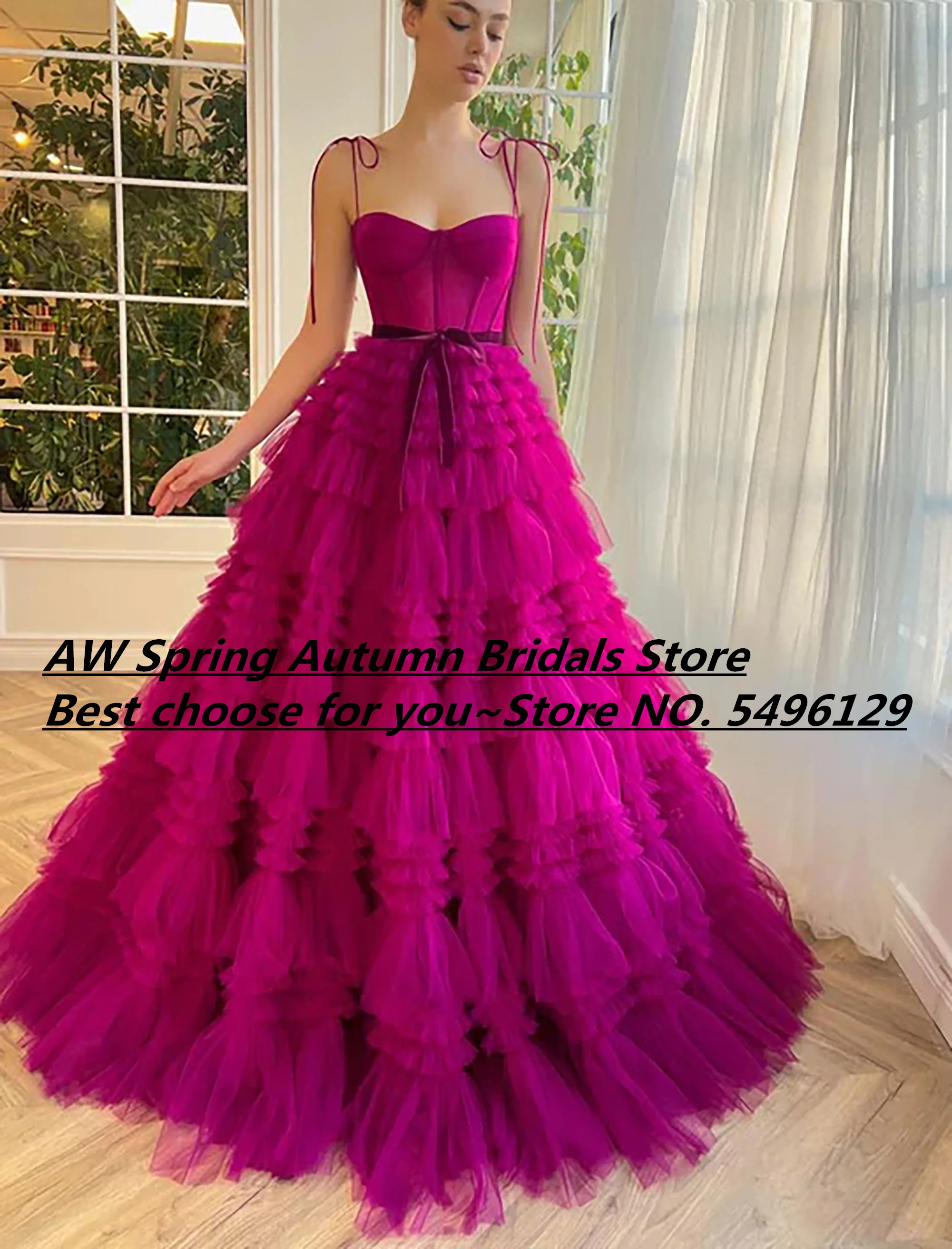 Sexy Fuchsia Prom Dresses Straps Sweetheart Floor Length Ruffled Skirt Tulle Prom Evening Gown Popular Birthday Party Dress