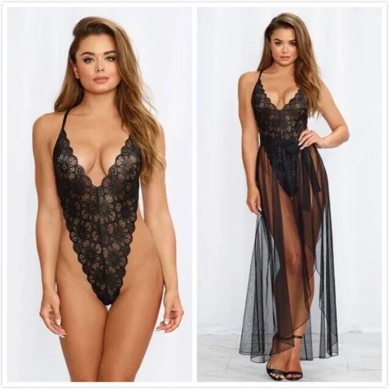 

Top Fashion Women's Sexy Lace Long Dress Three Point One Piece Perspective Sleep Dress European and American Night Dress