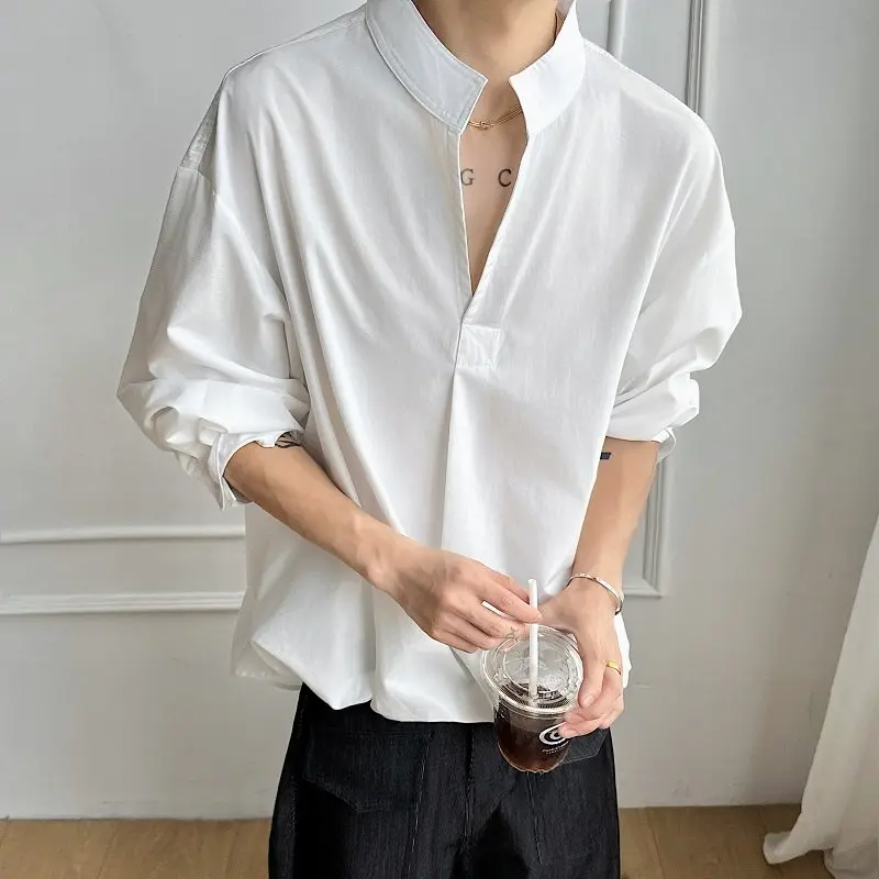 

Summer Short Sleeved Shirt Men Fashion Black Casual Shirt Men Streetwear Korean Loose Pullover Shirt Mens White Shirts M-2XL