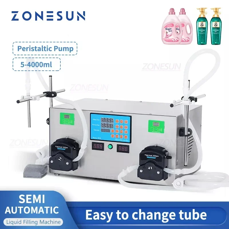 

ZONESUN Desktop Semi-automatic Double Nozzles Liquid Gel Beverage Perfume Filling Machine Peristaltic Pump Water Filler 4L
