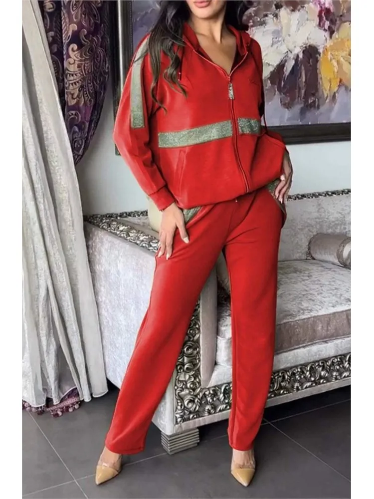 Autumn Winter Long Sleeved Hoodie Pants Women 2 Piece Set Fashion Patchwork Zipper Hoodie Casual Pocket Pants Sports Suit Female