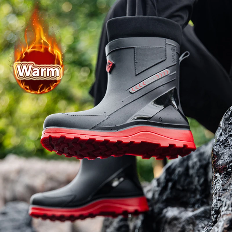 

Зимние уличные резиновые сапоги, мужские средние уличные специальные нескользящие водонепроницаемые бархатные теплые резиновые сапоги, мужские резиновые сапоги для рыбалки
