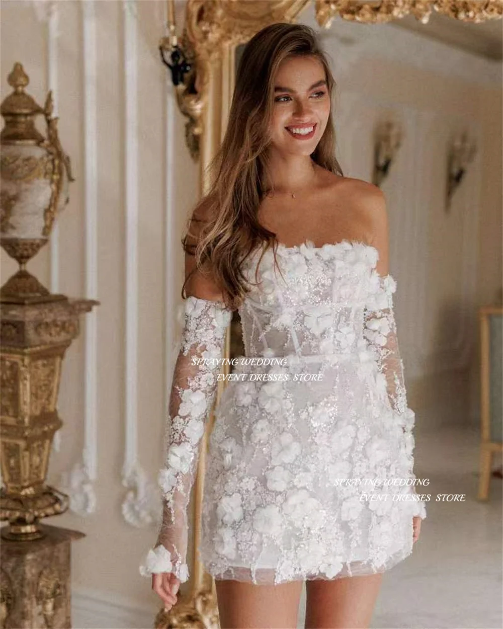 SPRAYING Luxury Short Wedding Dresses Exquisite Lace Floral Appliques Long Sleeves Bridal Gown Customized Strapless Above Knee