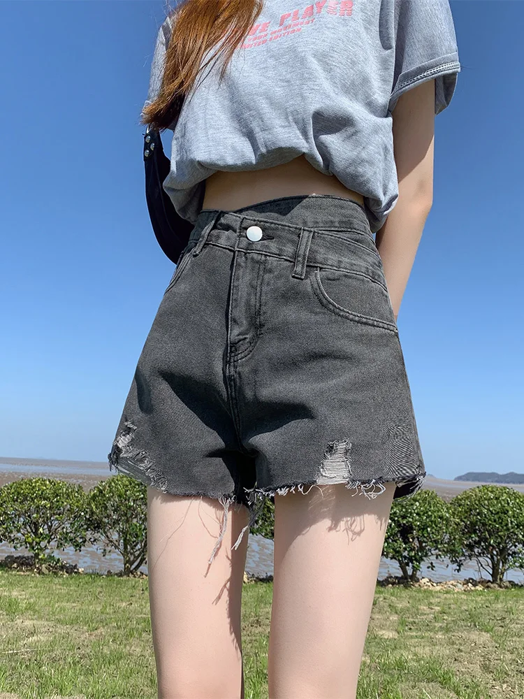 

Джинсы трапециевидной формы с высокой талией, свободные крой, женские летние тонкие хлопковые джинсовые брюки, потертые широкие шорты