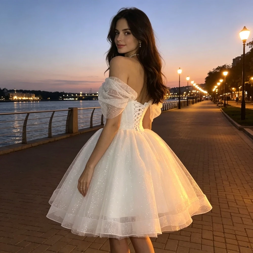 Customized Shiny Off Shoulder Chiffon Short Wedding Dresses 2026 Bubble Sleeves Tight Corset Mini Bridal Gown with Lace Up Back
