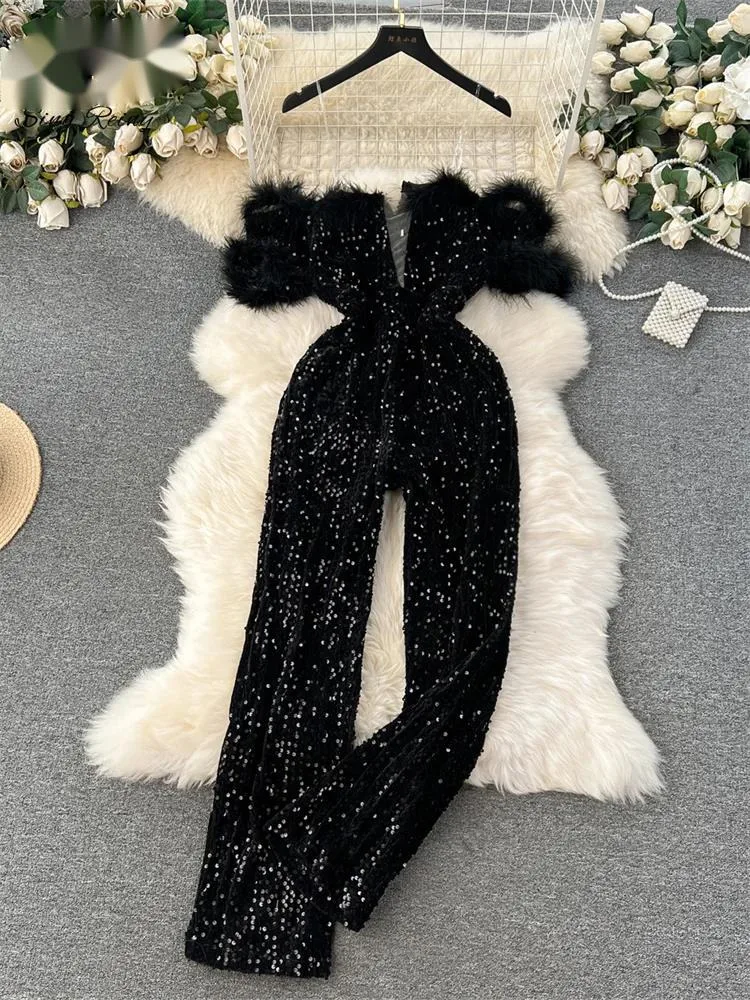 

Autumn Elegant Sexy Black Jumpsuits Europen Fashion Off the Shoulder Feather Patchwork Sequins Slim Long Playsuit