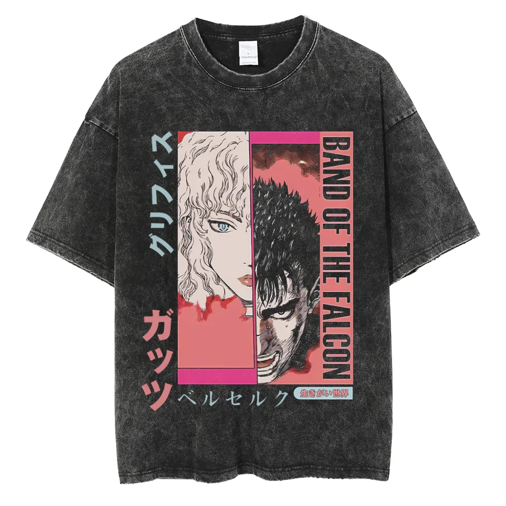 

Harajuku Cotton Casual Vintage Washed T-Shirt Unisex Streetwear Anime Graphic Print Tshirt