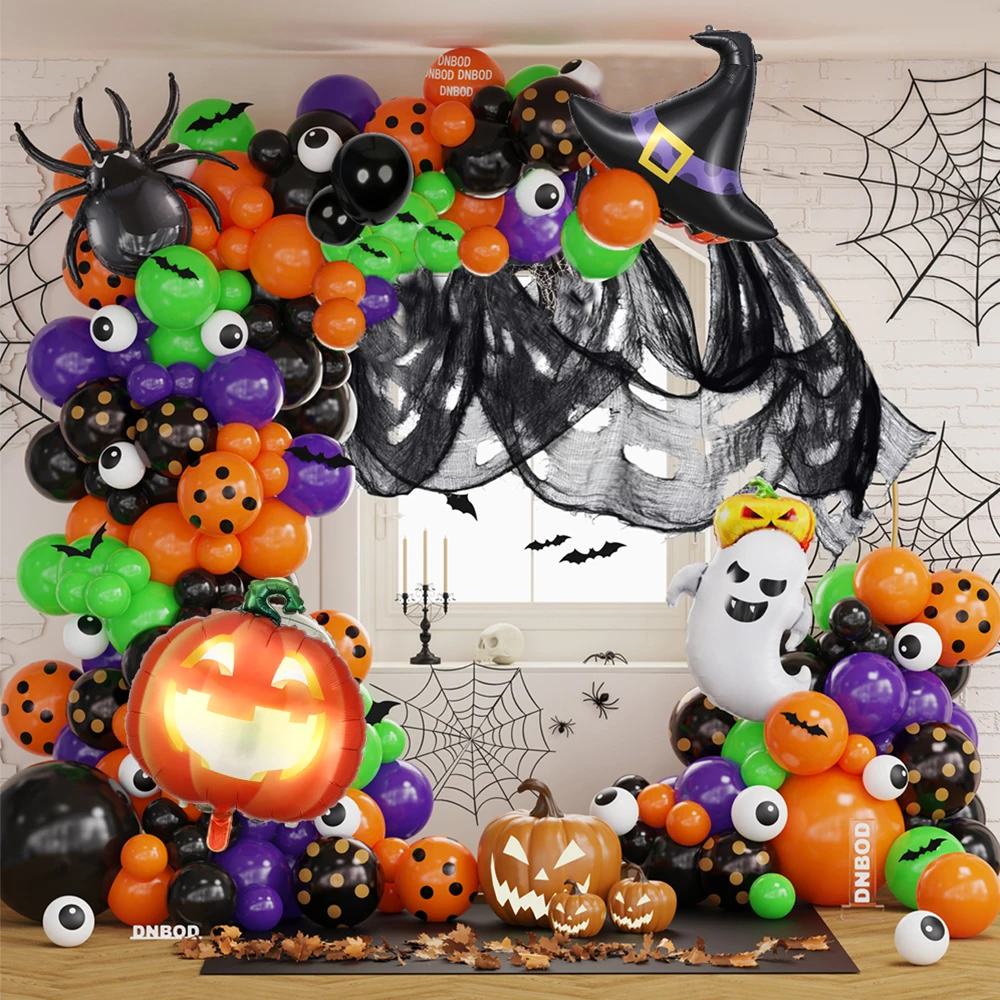 

108pcs Halloween Balloon Garland Arch Kit Witch Hat Spider Pumpkin Foil Balloon Black Purple Latex Balloon Outdoor Party Decor