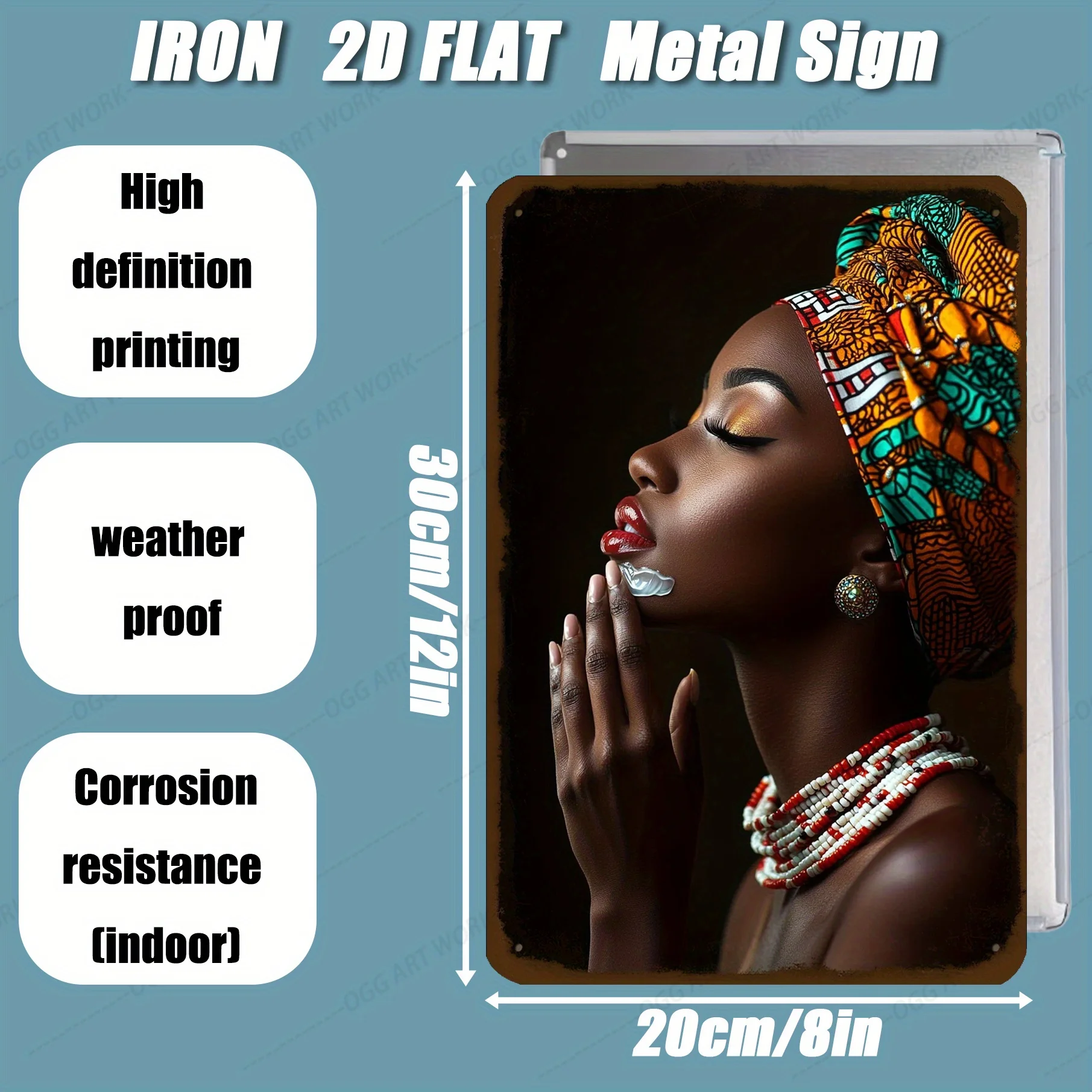 Vintage African Woman Traditional Dress Makeup Metal Sign - 8x12 Inch Wall Art for Home, Bar, Cafe Decor