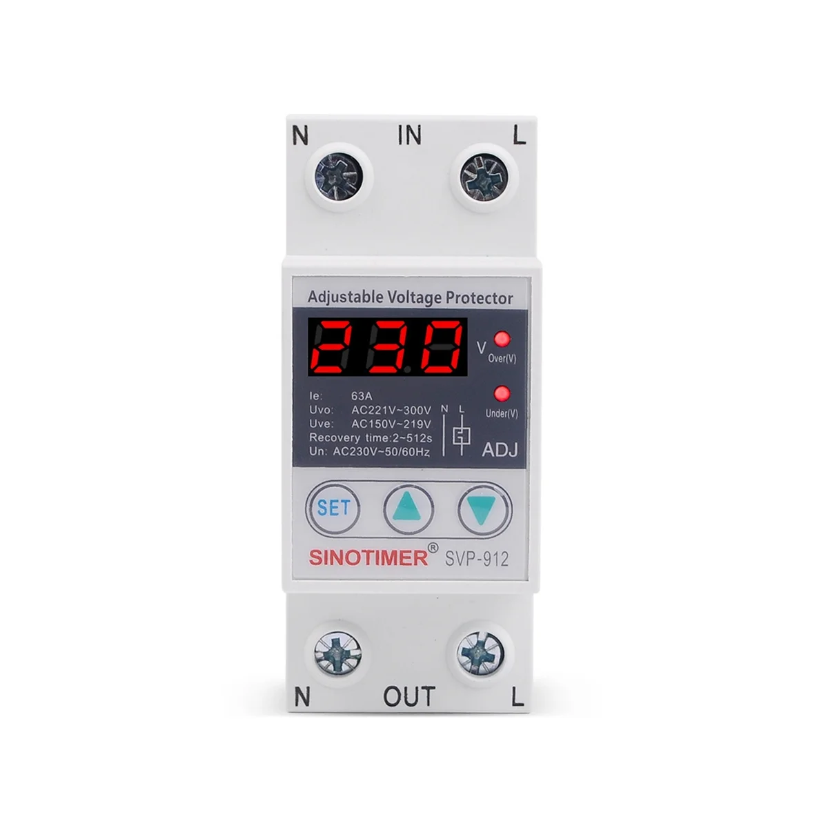 SINOTIMER 63A 230V 50/60Hz Din Rail Adjustable Automatic Recovery Over and Under Voltage Protector Voltage Protective Device