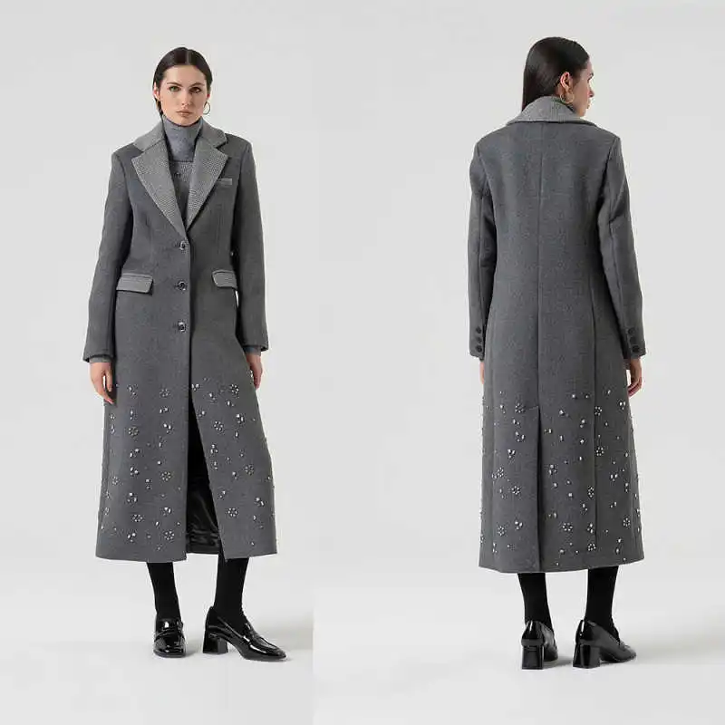 

Fashion Customized Thick Warm Coat For Women Notched Lapel Long Sleeve Autumn Winter Crystals Outdoor Jacket Clothes
