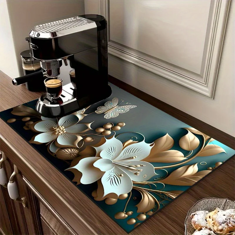 VIKAMA Luxury Floral Kitchen Dish Drainer Mat & Worktop Protector Absorbent Non-Slip Coffee Machine Mat Kitchen Accessories