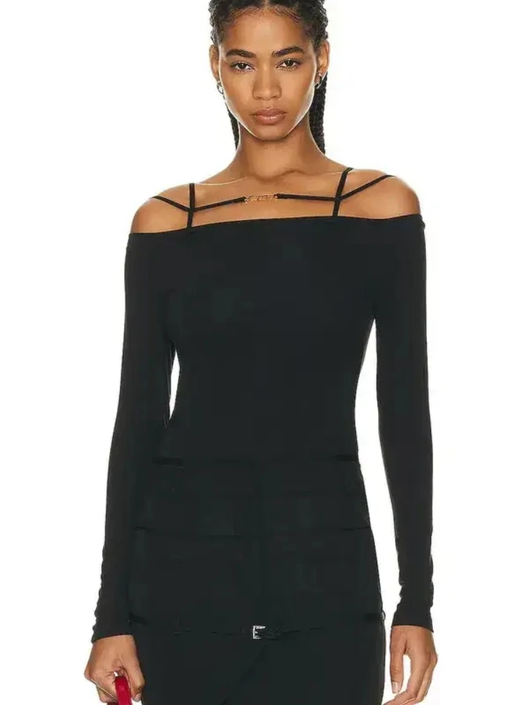 Ja Metal Tags Black Elastic Cotton Straps Off Shoulder Long Sleeves For Woman Top T-shirt Fashion Popular Ladies Clothes