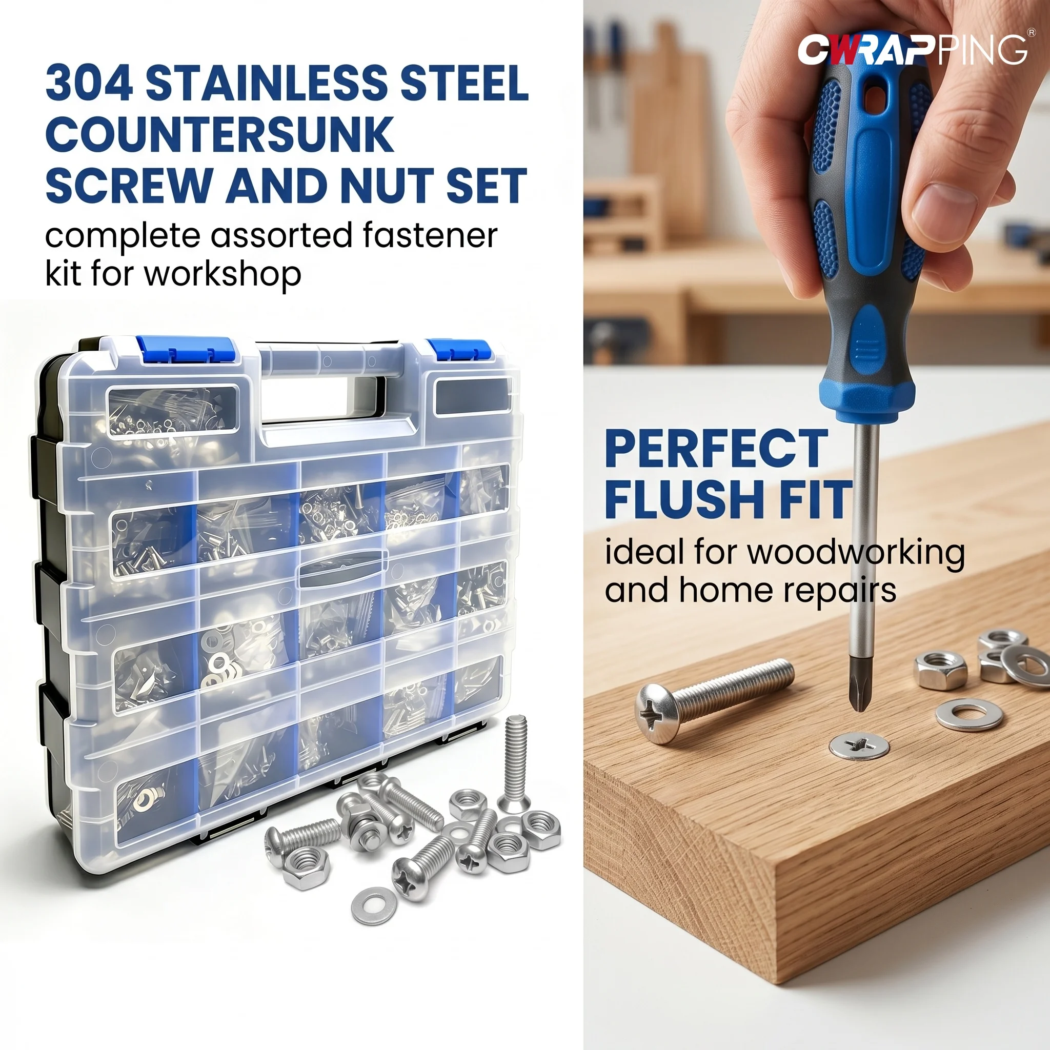 M3-M6 Phillips Flat Head Screw Nut Washer Set Plastic Storage Case DIY Repair 304 Stainless Steel Hardware Fastener Assortment