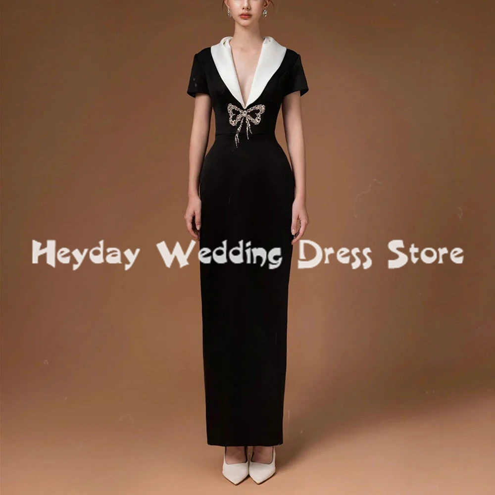 

Heyday Women's V-neck Straight Beaded Bow Saudi Evening Dresses With Short Sleeves Ankle-Length Formal Elegant Dresses 2025